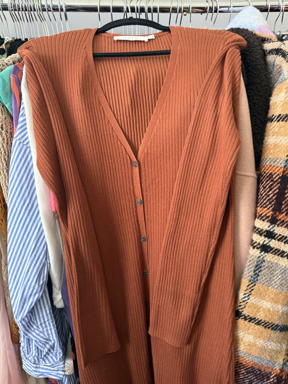 Astr Chocolate Brown Ribbed Button-Front Midi Dress